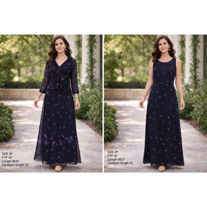 Talbots Petite Black & Purple Floral Chiffon Maxi Dress w/ Sheer Cardigan | 2P